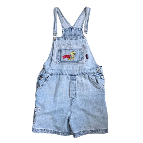 Warner Bros. Looney Tunes Pants - Looney Tunes Tweety Bird Distressed Denim Overall Shorts 90s–Y2K Size XL Vintage
